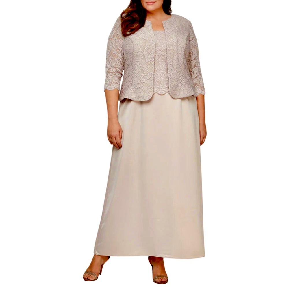 Alex Evenings Embroidered Lace Satin Two Piece Gown with Jacket Taupe Size 16